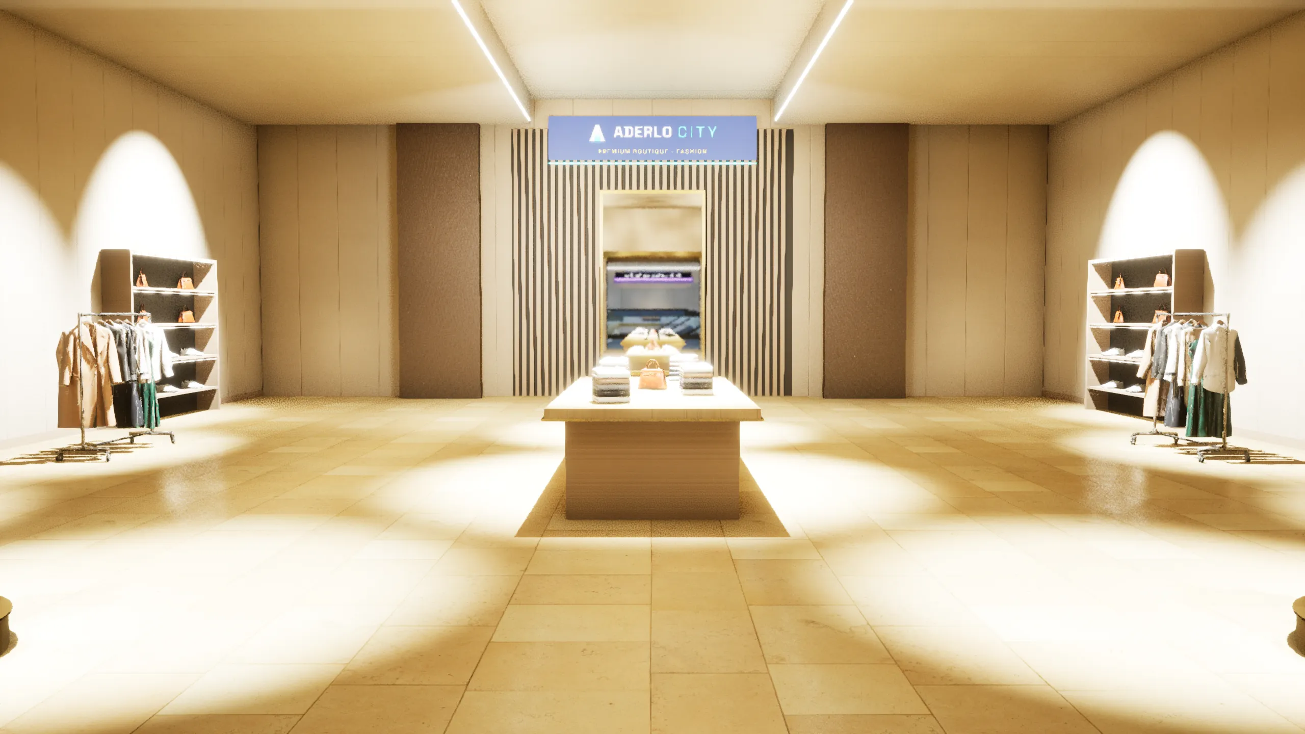 Inside the premium showroom in the Aderlo Gallery: clothing rails, shelves of handbags and a display table